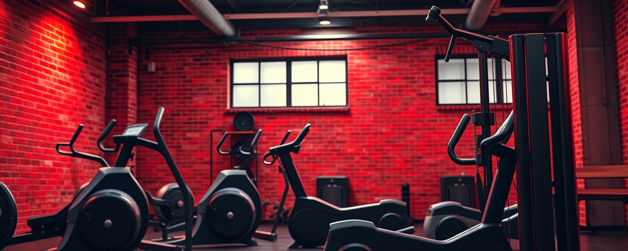innovative gym equipment, streamlined contours, enhancing muscle endurance, photorealistic, industrial-style gym with exposed brick walls and beams, highly detailed, kinetic energy depiction, matte finish, energetic red hue, spotlight illumination, shot with a telephoto lens