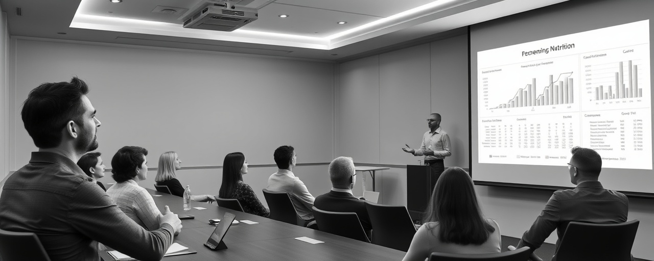 comprehensive nutrition approach, confident, presenting data, photorealistic, conference room with a projector, highly detailed, graphs on a large screen, 50mm lens, grayscale, direct lighting, shot with a panoramic lens.