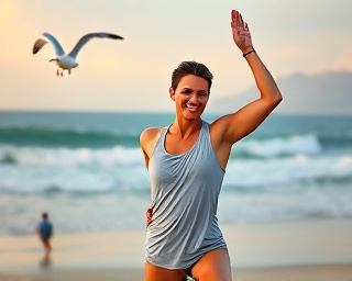 energetic fitness exercise, cheerful expression, stretching routine, photorealistic, beach setting with ocean waves, highly detailed, seagulls flying, 10k resolution, soft pastel colors, golden hour lighting, shot with a zoom lens.