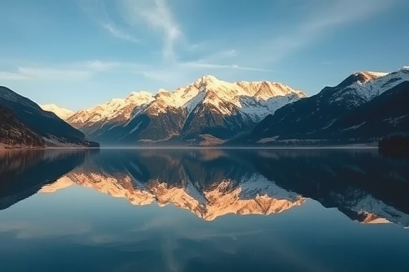 calm mountain landscape, mindfulness peace, reflecting in a still lake, photorealistic, majestic mountains with snow-covered peaks, highly detailed, gentle breeze, ultra-wide-angle lens, cool blue tones, golden hour lighting, shot with an ultra-wide-angle lens.