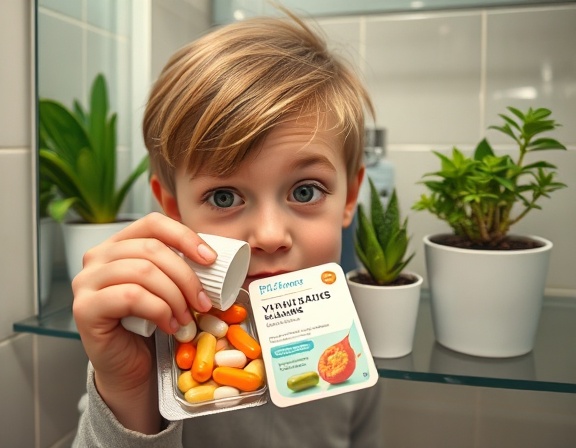 organized vitamins pack, curious expression, dispensing, photorealistic, bathroom shelf adorned with small potted plants, highly detailed, catching ambient reflections, f/2.8 aperture, sharp color contrast, artificial lighting, shot with a macro lens.