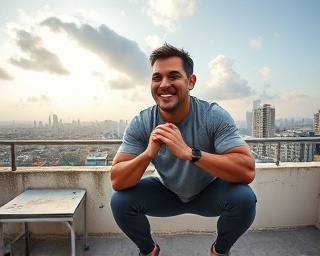 committed training coach, encouraging smile, demonstrating squats, photorealistic, urban rooftop with cityscape, highly detailed, clouds moving rapidly, 5k resolution, warm color scheme, diffused lighting, shot with a fisheye lens.