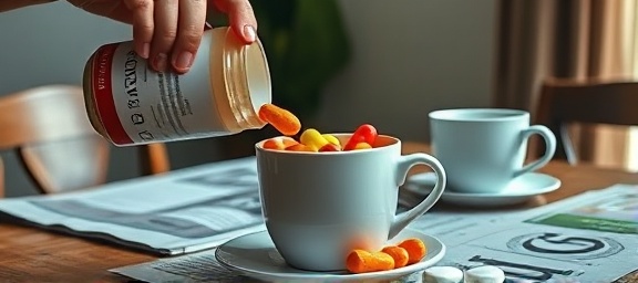 colorful vitamins supplement, spirited expression, pouring, photorealistic, dining table with a morning newspaper and coffee cup, highly detailed, motion blurring elements, ISO 200, punchy hues, warm lighting, shot with a 35mm wide-angle lens.
