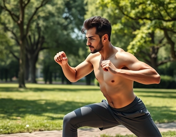 high-energy fitness exercise, determination on face, performing lunges, photorealistic, outdoor park with lush greenery, highly detailed, wind blowing, 8k resolution, balanced color tones, natural sunlight, shot with a 50mm lens.
