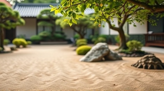 quiet zen garden, stress relief, raking sand patterns, photorealistic, traditional Japanese garden with bonsai trees, highly detailed, leaves rustling gently, tilt-shift focus effect, neutral colors, diffused afternoon light, shot with a tilt-shift lens.