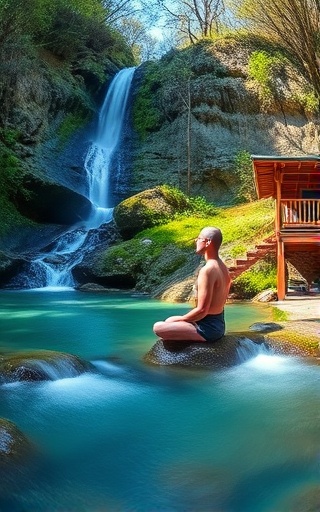 ecofriendly wellness, rejuvenating, meditating by a waterfall, photorealistic, wilderness retreat with solar-powered cabins, highly detailed, water cascading down rocks, captured in 8k resolution, natural blues and greens, dappled sunlight, shot with a fisheye lens
