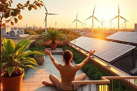 ecofriendly wellness, peaceful, practicing yoga, photorealistic, rooftop garden with solar panels and wind turbines, highly detailed, gentle breeze moving leaves, captured in high resolution, earthy brown and green tones, golden hour lighting, shot with a wide-angle lens