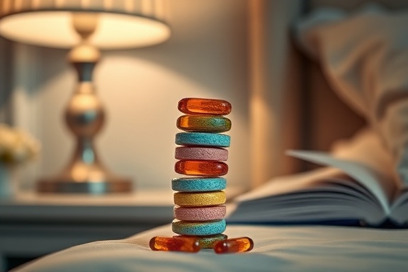 vibrant vitamins tablet, joyful expression, stacking, photorealistic, bedside table with a lamp and a book, highly detailed, slight lens flare, f/1.8 aperture, pastel shades, evening light, shot with a 105mm macro lens.