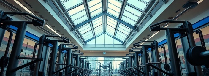 advanced gym equipment, futuristic appearance, engaging in strength training, photorealistic, professional gym setting with high ceilings and skylights, highly detailed, energy-packed atmosphere, polished surfaces, cool tones, overhead LED lighting, shot with a wide-angle lens