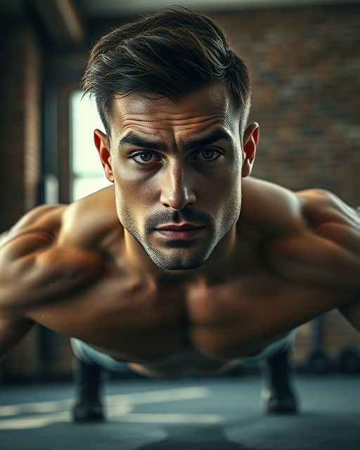 dedicated training routine, serious gaze, doing push-ups, photorealistic, industrial-style gym with exposed brick walls, highly detailed, dust particles in sunlight, 6k resolution, muted color palette, soft ambient lighting, shot with a telephoto lens.