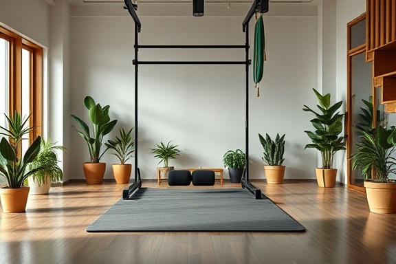 versatile workout equipment, all-in-one functionality, promoting a healthy lifestyle, photorealistic, minimalist home gym with indoor plants and wooden accents, highly detailed, reflective surfaces, neutral colors, diffused light, shot with a macro lens