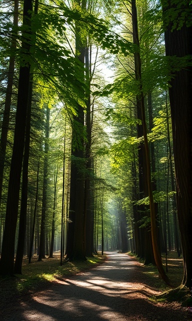 serene forest path, mindfulness meditation, walking mindfully, photorealistic, dense forest with towering trees, highly detailed, dappled sunlight through leaves, prime lens clarity, earthy greens and browns, ambient forest lighting, shot with a prime lens.