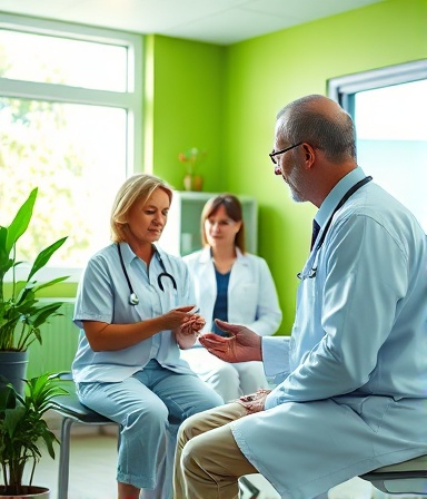 ecofriendly medicine, holistic, consulting patients, photorealistic, clinic with green walls and natural light, highly detailed, patient interaction, depicted in high fidelity, calming hues of blues and greens, ambient ambient light, shot with a 35mm lens