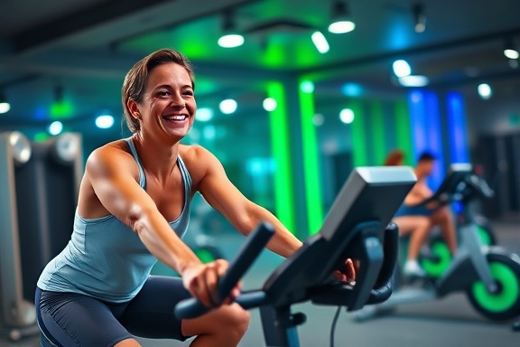 focused training gym, joyful expression, cycling on a spinning bike, photorealistic, spacious room with large mirrors, highly detailed, sound system playing music, ultra-high resolution, vibrant greens and blues, dynamic spotlights, shot with a macro lens.