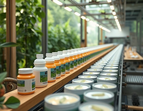 ecofriendly supplements, innovative, packaging biodegradable containers, photorealistic, production line surrounded by nature views, highly detailed, assembly line movement, rendered in 4k resolution, natural wood and foliage colors, bright LED lighting, shot with a telephoto lens