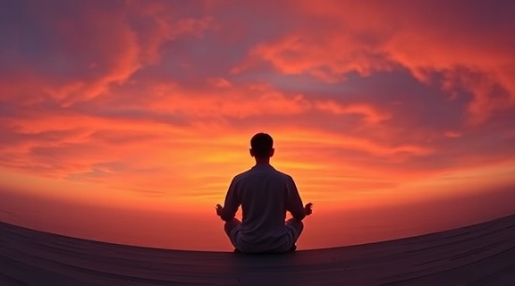 tranquil sunset vista, mindfulness meditation, sitting in silence, photorealistic, expansive horizon with vibrant sunset, highly detailed, calm atmosphere, fisheye lens dynamics, rich orange and purple blend, soft twilight glow, shot with a fisheye lens.