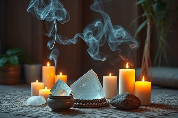 healing holistic healing, peaceful expression, energy balancing, photorealistic, serene room with crystals and candles, highly detailed, calming incense smoke swirling, high dynamic range, soft pastel colors, diffused soft lighting, shot with a macro lens.