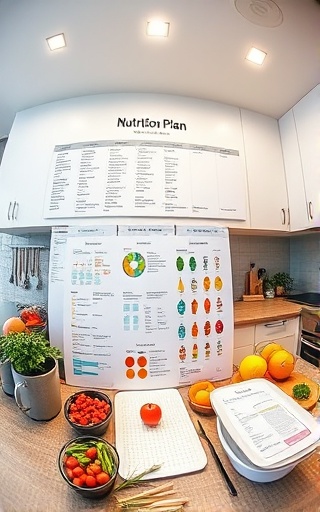nutrition plan overview, organized, being displayed, photorealistic, modern kitchen with cooking tools, highly detailed, digital charts and planners, 16mm lens, pastel shades, overhead lighting, shot with a fish-eye lens.