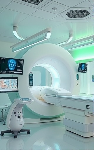 ecofriendly healthcare, futuristic, using a solar-powered MRI machine, photorealistic, high-tech hospital with green energy systems, highly detailed, LED screens blinking, achieved in high resolution, clinical white and soft green, focused artificial light, shot with a zoom lens