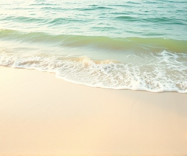 peaceful beach scene, stress relaxation, meditating by the waves, photorealistic, white sand beach with gentle waves, highly detailed, soft ocean breeze, telephoto lens focus, warm golden hues, early morning light, shot with a telephoto lens.