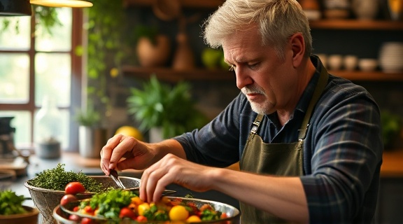 nourishing holistic nutrition, focused expression, preparing a meal, photorealistic, rustic kitchen filled with fresh ingredients and herbs, highly detailed, appetizing aroma in the air, vibrant crisp resolution, rich warm colors, spotlight illumination, shot with a 24mm lens.