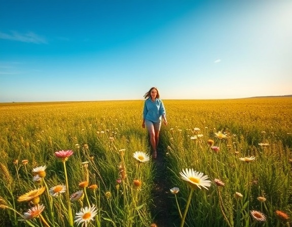 harmonious holistic lifestyle, joyful expression, walking in nature, photorealistic, vast open field with wildflowers under blue sky, highly detailed, gentle wind swaying petals, depth of field enhancement, vibrant greens and blues, golden hour sunlight, shot with a 35mm lens.