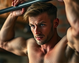 intense fitness workout, perseverance in eyes, working on pull-up bar, photorealistic, basement gym with rustic decor, highly detailed, chalk dust in air, 7k resolution, earthy color tones, focused artificial lighting, shot with a macro lens.