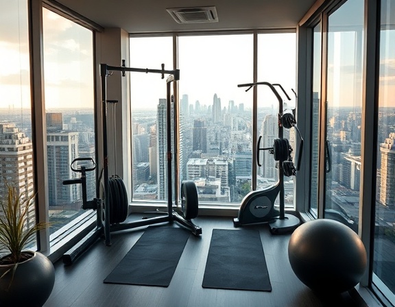 compact exercise equipment, efficient space usage, optimizing workouts, photorealistic, urban high-rise apartment with a panoramic view, highly detailed, slight ambient movement, distinct textures, vibrant colors, morning sunlight, shot with a 50mm prime lens