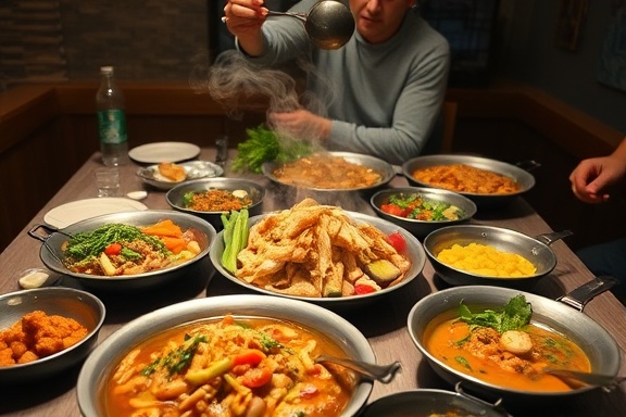 customized meal, satisfied, being enjoyed, photorealistic, dining table with diverse ingredients, highly detailed, steaming dishes and utensils, 85mm lens, vibrant colors, ambient lighting, shot with an ultra-wide lens.