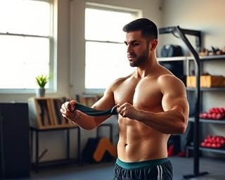 motivated training routine, confident stance, using resistance bands, photorealistic, home garage with organized tools, highly detailed, sunlight streaming through windows, 12k resolution, sharp contrasts, shadow lighting, shot with a 35mm lens.
