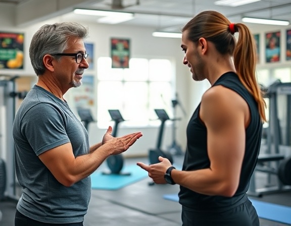 nutrition coach, encouraging, guiding someone, photorealistic, bright room with fitness equipment, highly detailed, posters and exercise mats, 50mm lens, cool colors, spotlight lighting, shot with a fast prime lens.
