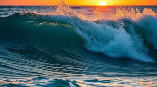 invigorating wave health, dynamic, surfing, photorealistic, ocean at sunset with crashing waves, highly detailed, splashing water droplets, high resolution, deep blues and oranges, golden hour light, shot with a 24-70mm zoom lens.