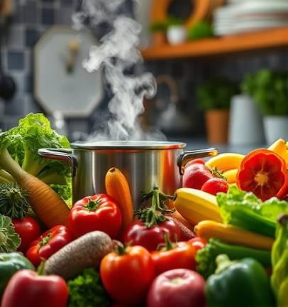 enlightened nutrition insights, thoughtful, analyzing, photorealistic, kitchen with fresh fruits and vegetables around, highly detailed, steam rising from a pot, macro shot, vibrant greens and reds, bright artificial light, shot with a 90mm macro lens.