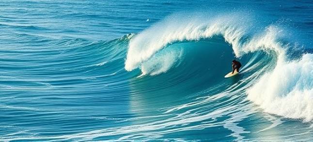 resilient wave health, powerful, riding a wave, photorealistic, vast ocean horizon, highly detailed, foam flying off wave crest, panoramic view, turquoise and white, midday sunlight, shot with a 16-35mm wide-angle lens.