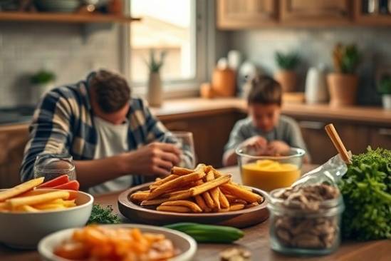 insightful nutrition insights, focused, examining a meal, photorealistic, cozy kitchen table with a spread of ingredients, highly detailed, aroma visible as steam, ultra HQ, warm earth tones, natural window light, shot with a 50mm macro lens.