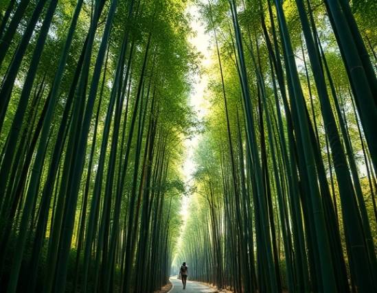 mindful wellbeing pledge, contemplative, walking through a bamboo forest, photorealistic, surrounded by towering stalks and filtered sunlight, highly detailed, bamboo leaves fluttering, mirrorless camera, vibrant green, dappled lighting, shot with a 24-70mm lens