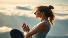 focused wellbeing focus, determined, practicing yoga on a mountain top, photorealistic, vast landscape of clouds and valleys below, highly detailed, light breeze tousling hair, high-definition, earth tones, golden hour light, shot with a 35mm lens