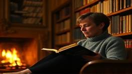 dedicated wellbeing promise, thoughtful, reading a book in a cozy nook, photorealistic, warmly lit library with wooden shelves, highly detailed, fire crackling softly, full-frame camera, warm and rich colors, ambient lighting, shot with an 85mm lens