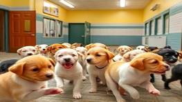 responsible wellbeing responsibility, compassionate, volunteering at an animal shelter, photorealistic, vibrant room filled with playful puppies, highly detailed, puppies scampering around, wide-angle lens capture, cheerful color scheme, bright indoor lighting, shot with an 18-55mm lens