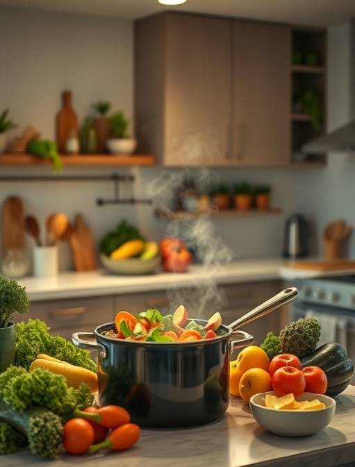 balanced wellbeing pledge, serene, preparing a healthy meal in a modern kitchen, photorealistic, spacious kitchen with fresh ingredients, highly detailed, steam rising from the cooking pot, cinematic quality, natural tones, overhead lighting, shot with a 50mm lens